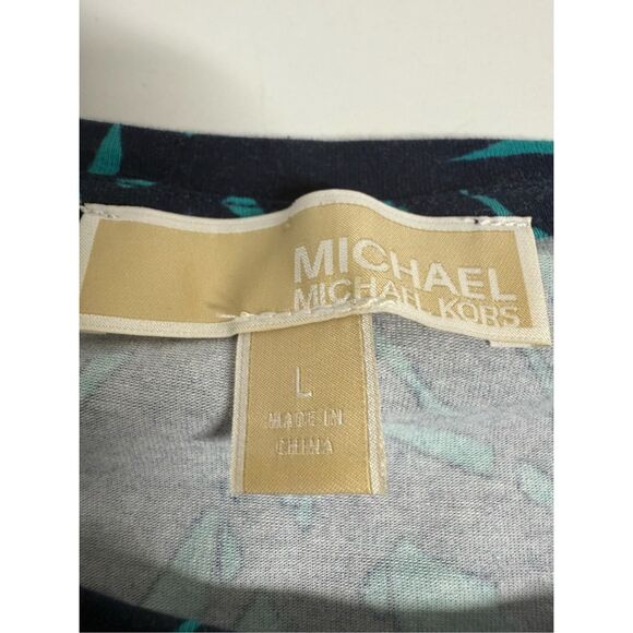 MICHAEL KORS Turquoise Navy PALM Printed Women’s Cotton T-shirt Sequins Logo SzL - Picture 3 of 7